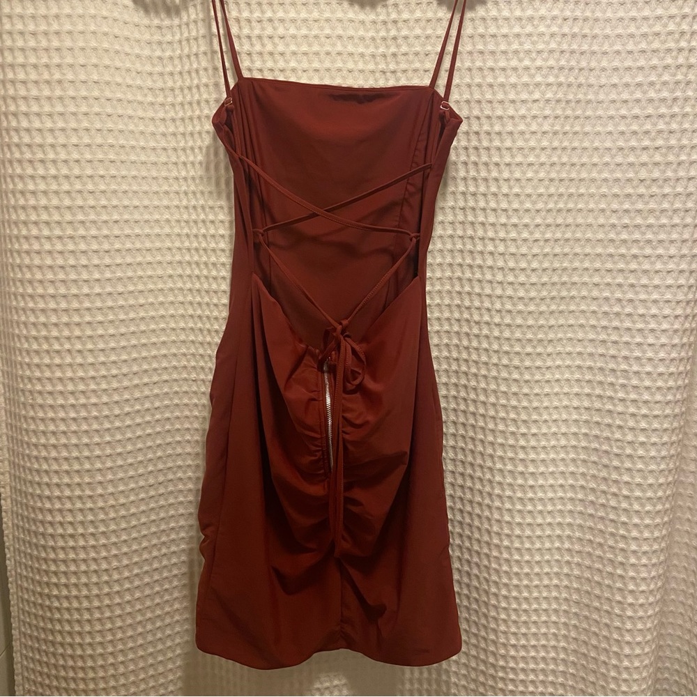 Tiger Mist Annika Lace-Up Open Back Ruched Dress in Color Rust - Picture 2 of 3